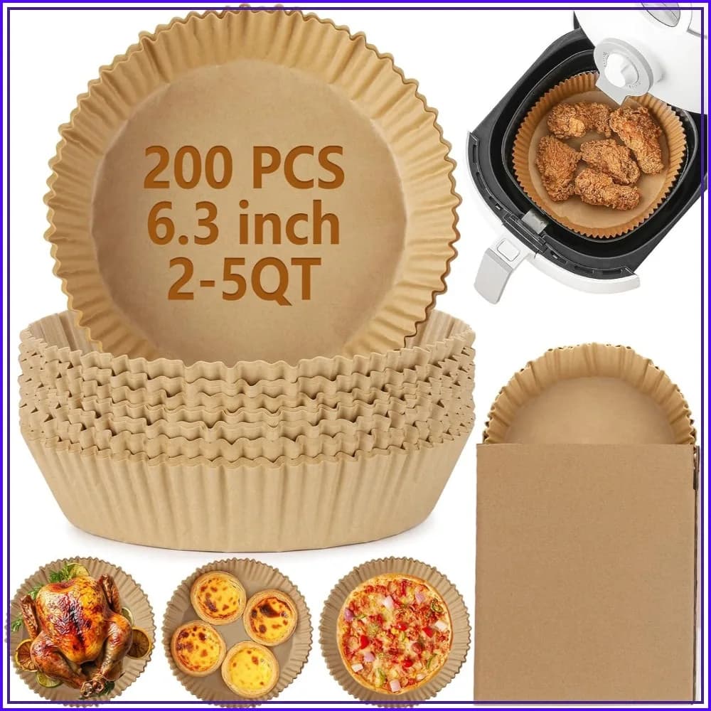 200Pcs Air Fryer Disposable Paper Liners, 6.3 Inch Round Non-Stick Parchment Paper for Baking, Roasting, Microwave