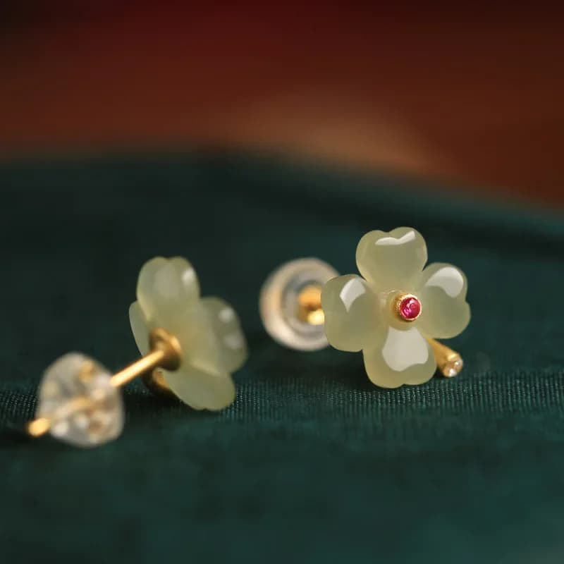 Orecchini a Quadrifoglio in Vera Giada Verde Naturale, Amuleti Portafortuna, Gioielli di Moda per Donne, Accessori in Pietra Preziosa di Lusso