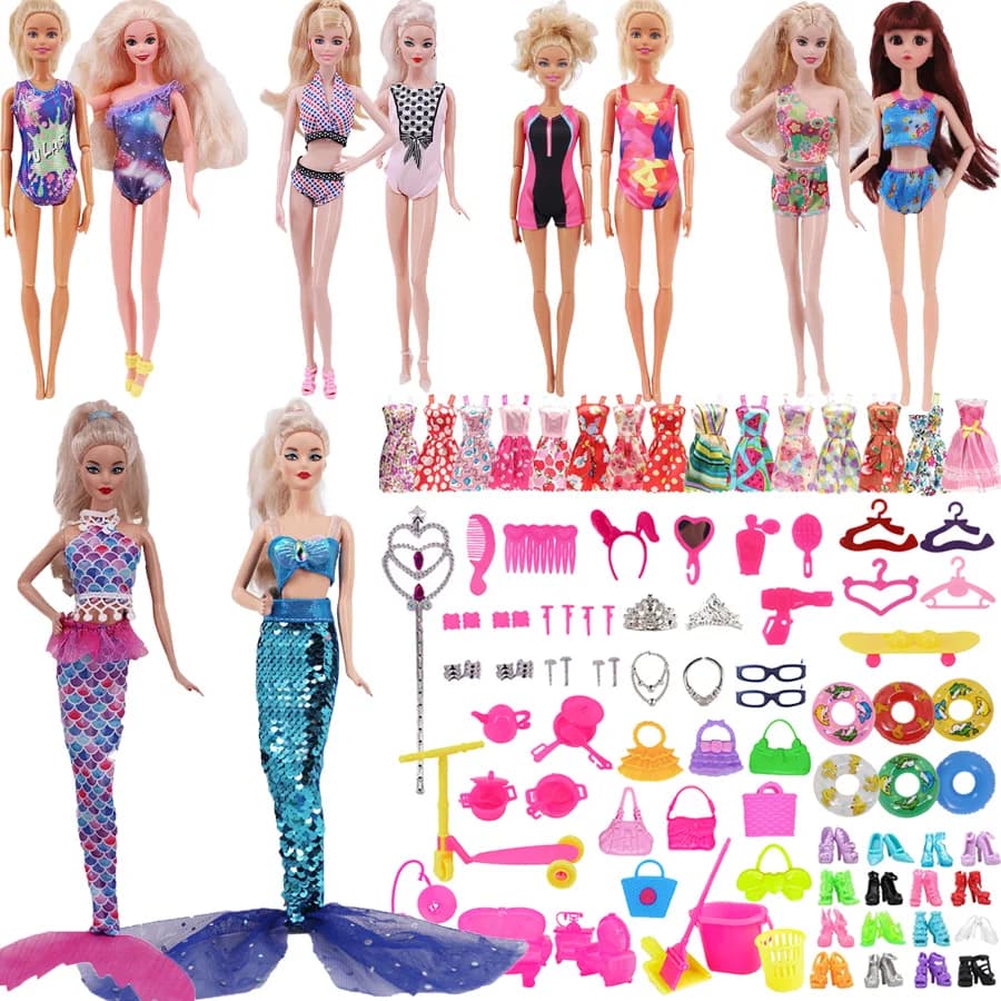 Casual kitchen utensils, sofa, comb, bracelet, clothes hangers, bag, magic wand, swimming circle, swimsuit, 76 pieces set, for 30 cm doll