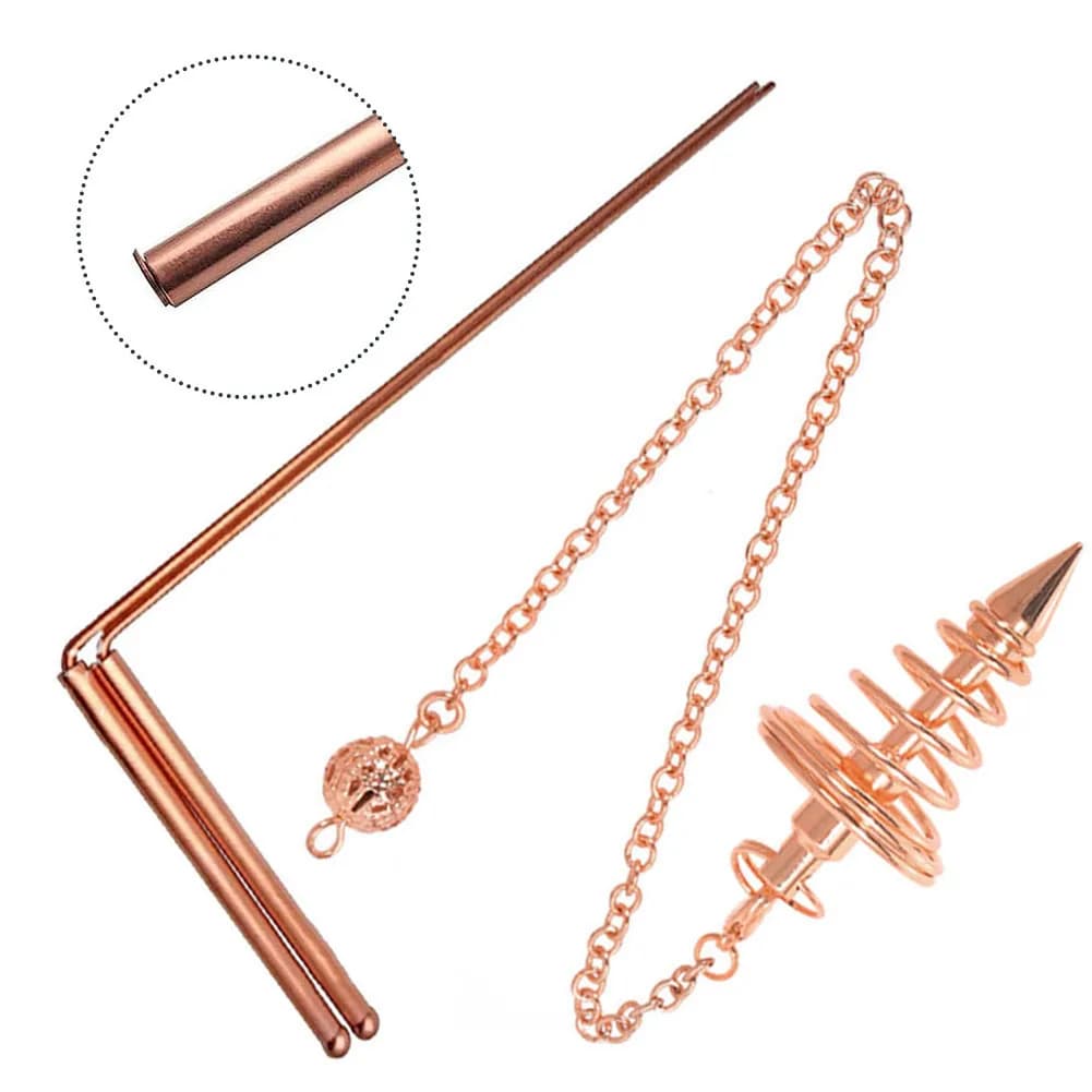 3 pz/set Rame Puro Dowsing Rods Kit Divinazione Aste + Pendolo Per Acqua Divinazione Strega Guarigione Energetica Metal Detector Asta