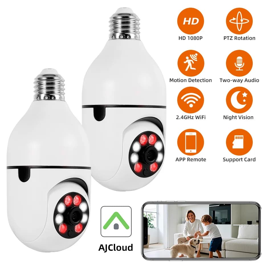 FUERS 2MP E27 Bulb Security Camera 2.4G WiFi PTZ CCTV Camera 4X Zoom AI Human Tracking Color Night Vision Two Way Audio Baby Monitor Indoor