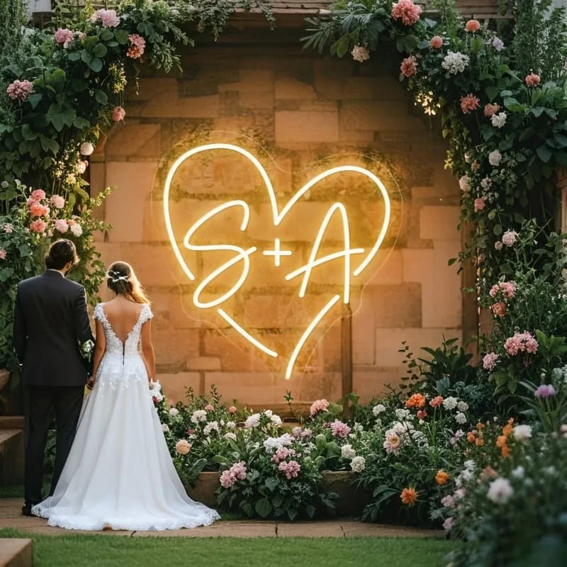 LED neon teaching with personalized heart-shaped initials, neon light with custom name for house wall decorations against wedding party background, gift for couple