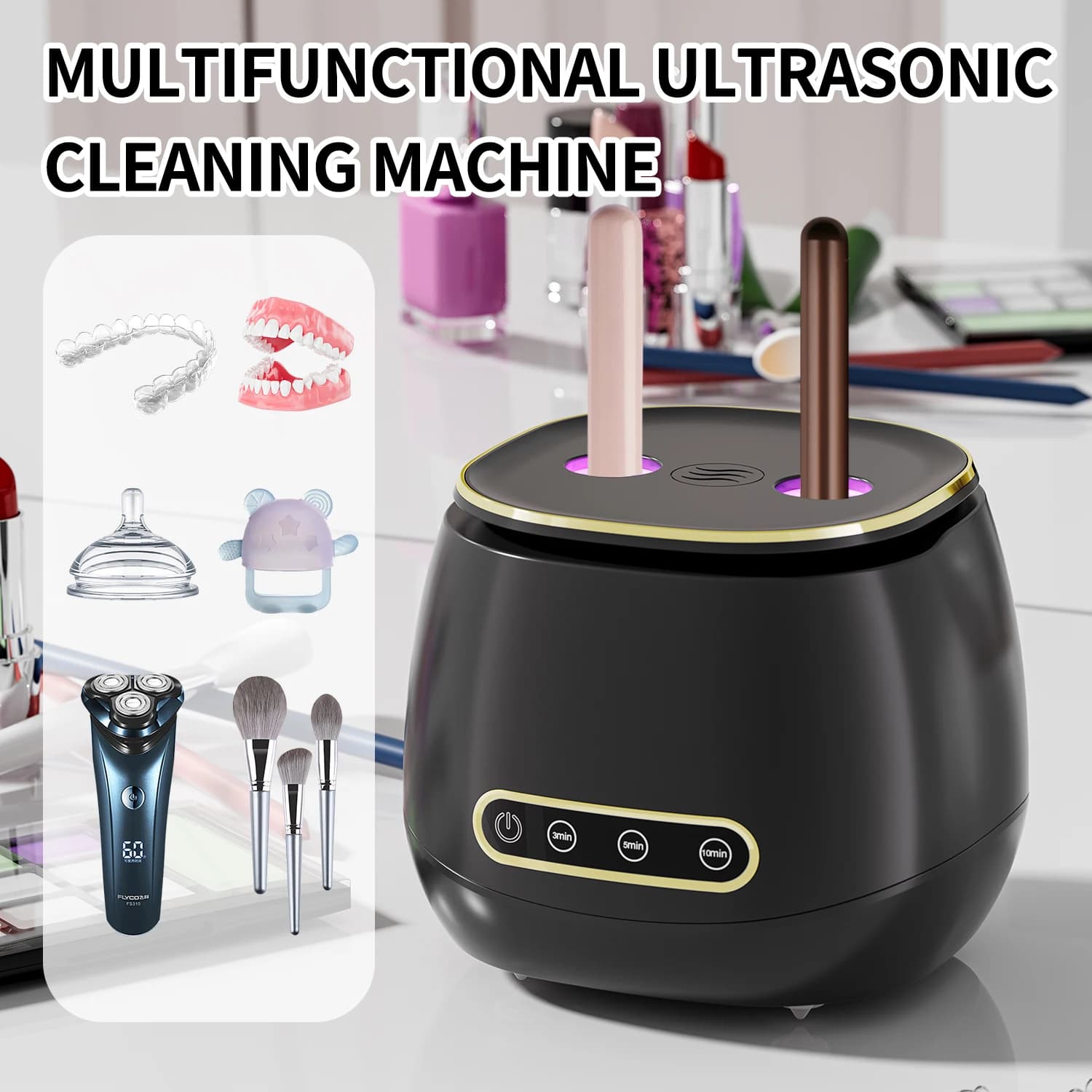 Pulitore per Protesi Dentarie a Ultrasuoni 48KHz Automatico USB Multifunzione con 3 Impostazioni Timer per la Cura Orale