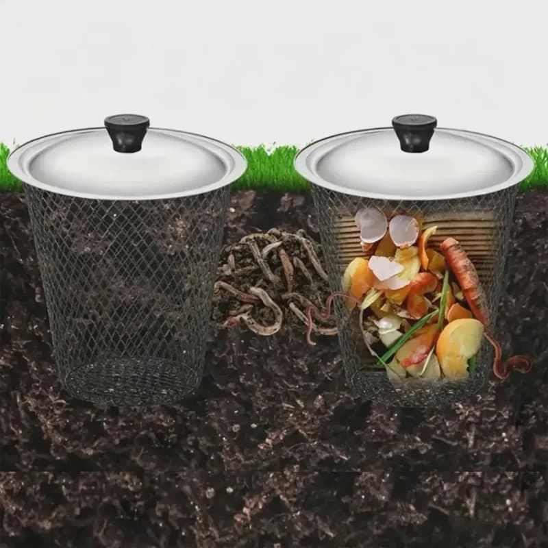 Inground Worm Composter with Lids Iron Farm Bin Food Waste Recycling Container Outdoor Garden Bed Soil Care Accessory