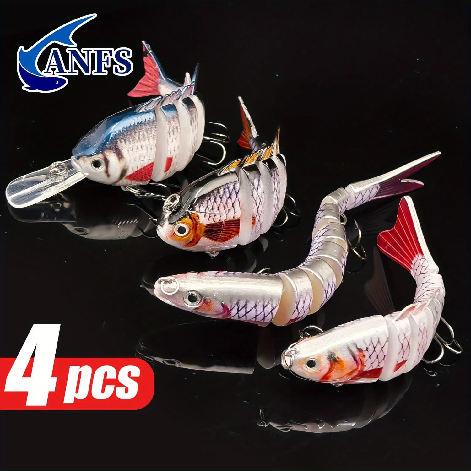 ANFS Set of 4-piece multi-segment fishing baits - Crankbaits sunk for pike - Perfect for fresh and salt water fishing
