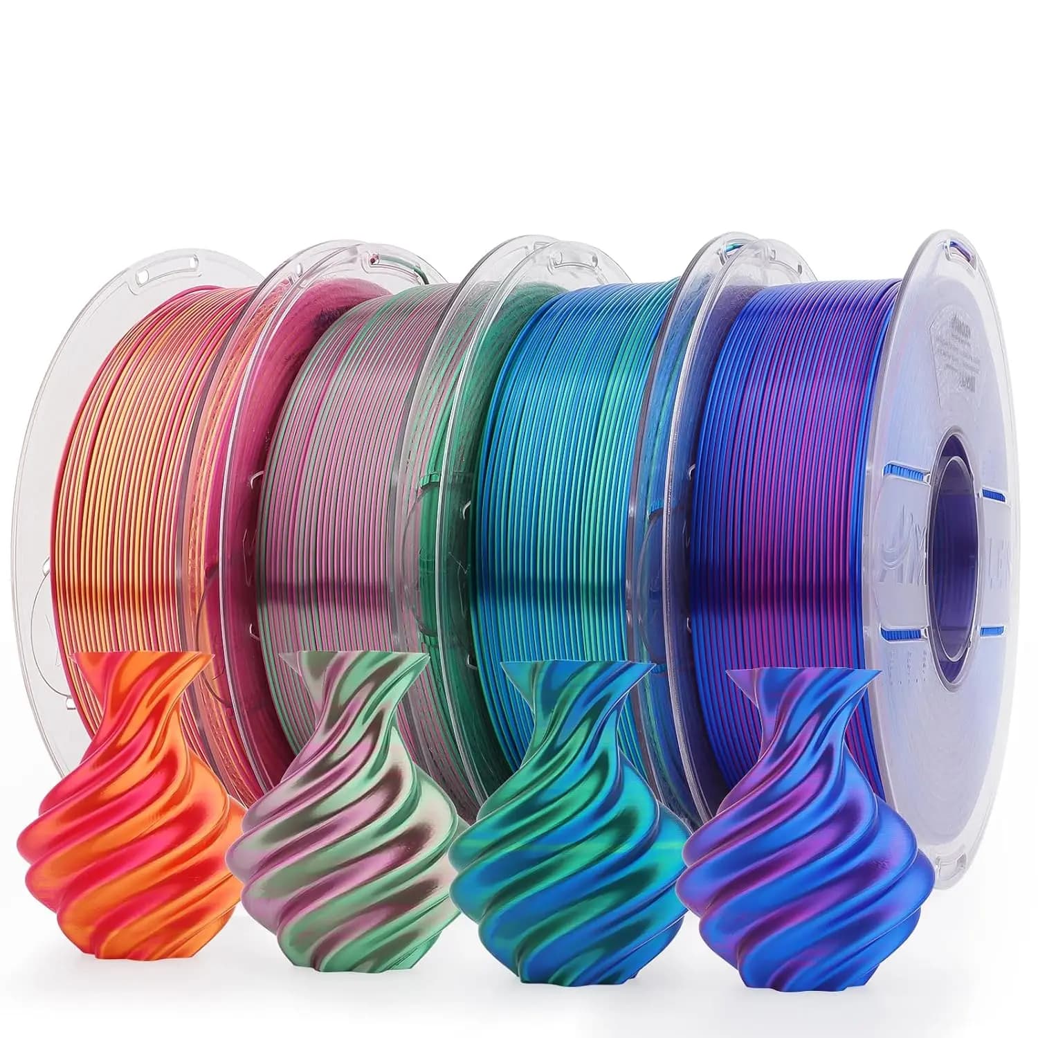 Silk Dual Color PLA 4-Pack, 1.75mm Multicolor 3D Printer Filament Bundle, 4kg Total, Shiny Color Changing, Compatible with FDM Printers