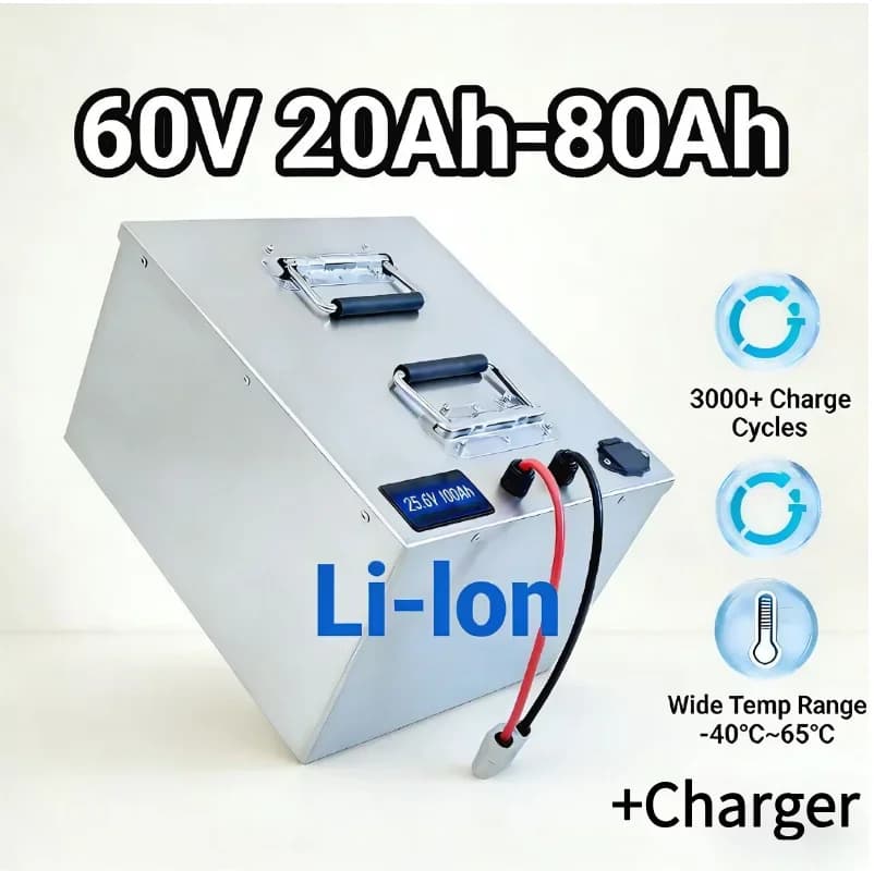 Batteria agli ioni di litio da 60 V 20-80 Ah + caricabatterie – Potenza ad alta efficienza per carrelli elevatori elettrici da 1-5 kW e attrezzature per la movimentazione dei materiali di magazzino