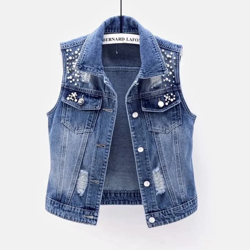 Giacca di Jeans da Donna Effetto Vissuto con Dettagli Strappati e Bottoni, Blu Lavato Casual