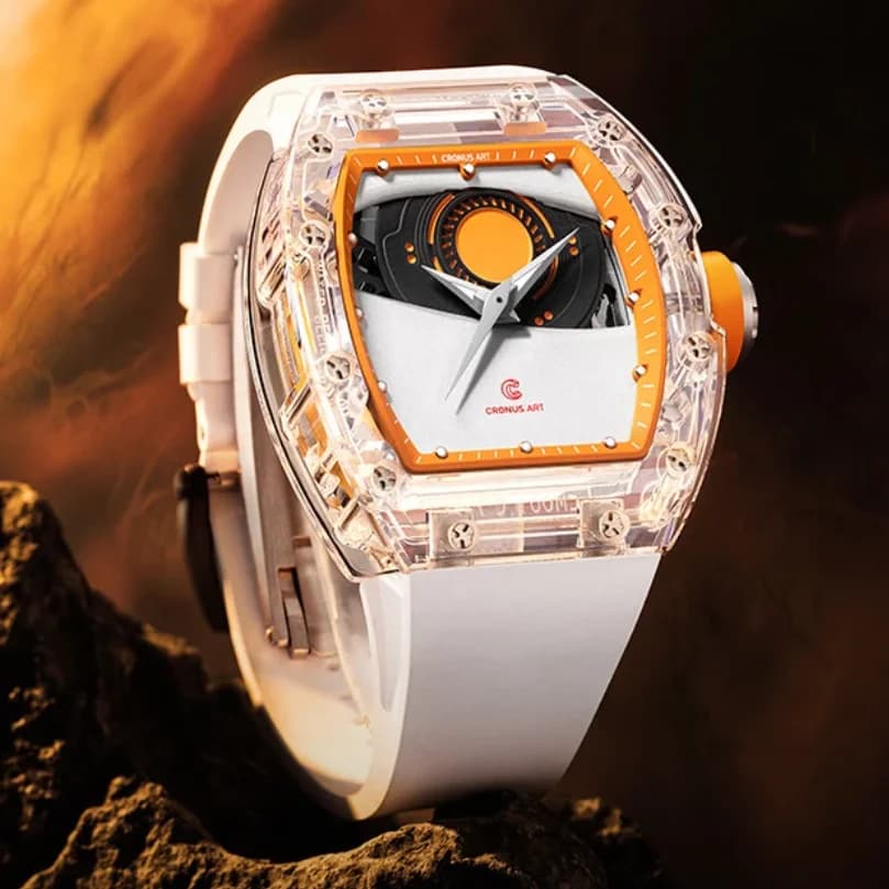 CRONUSART Men's Watch 50mm Mechanical Wrist Watch Luxury Tonneau Acrylic Case Luminous Dial With Mars Eye Fluorescent Rubber Strap