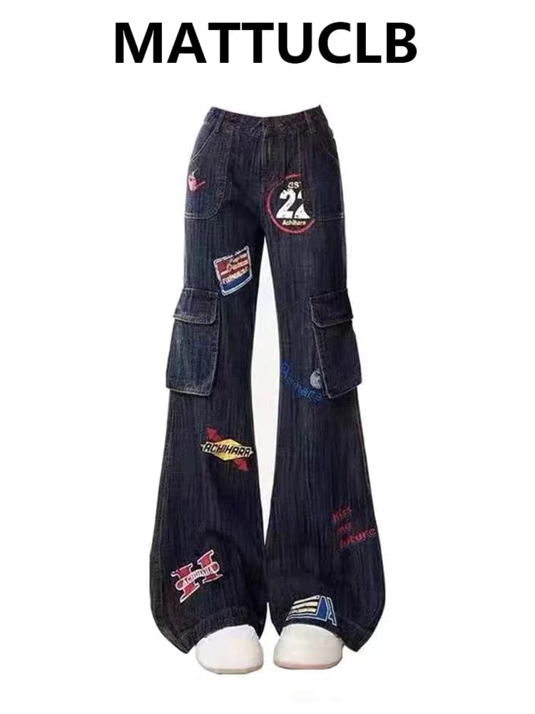 Women's Cargo Jean Designer Y2k Print Grunge Kpop Japanese 2000s Streetwear American Retro Denim Pants Y2k Harajuku Jean Tide