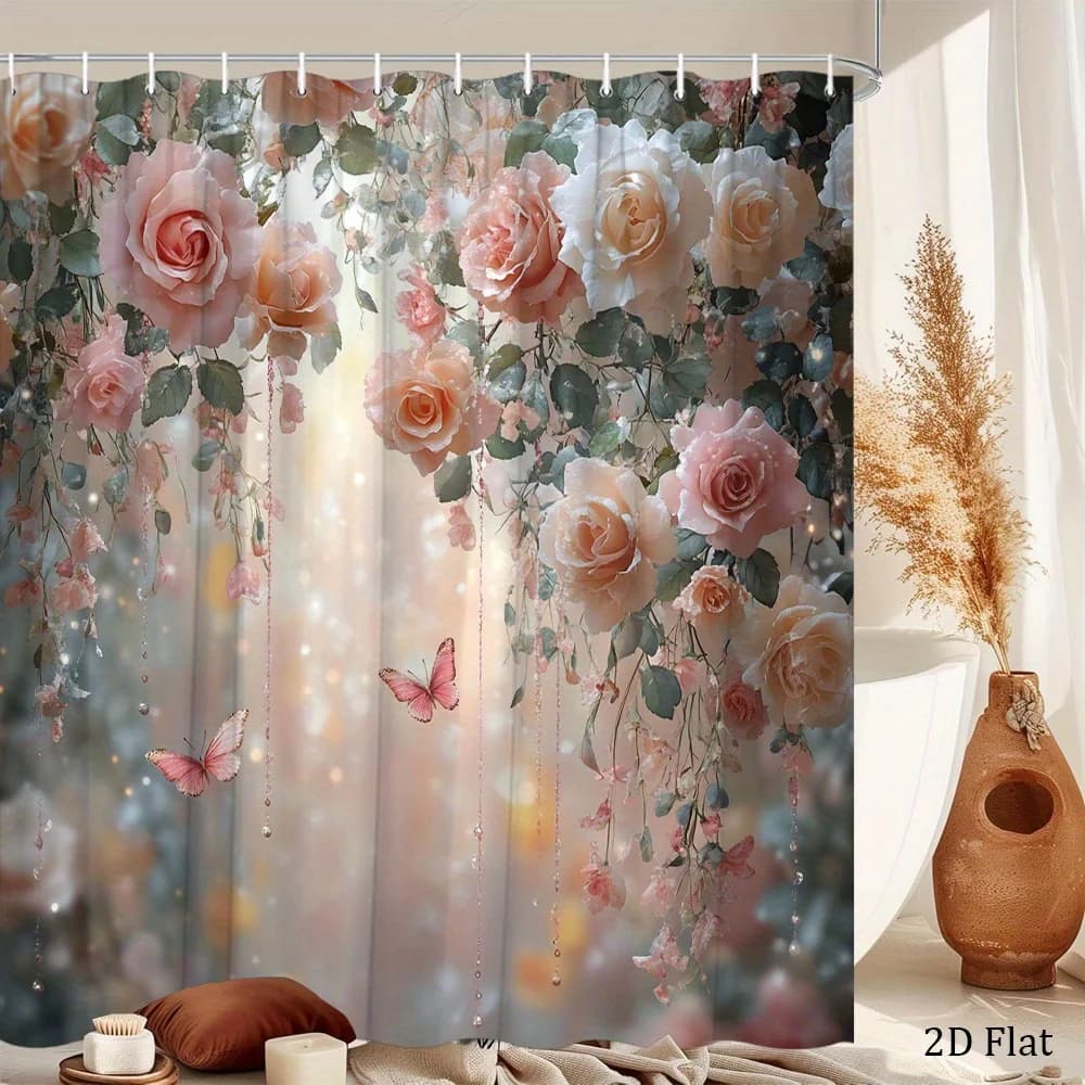 1pc a Shower Curtain Featuring a Floral Archway with Roses, Butterflies, And Fairy Lights in Pink, Peach, And Green Leaves, Incl