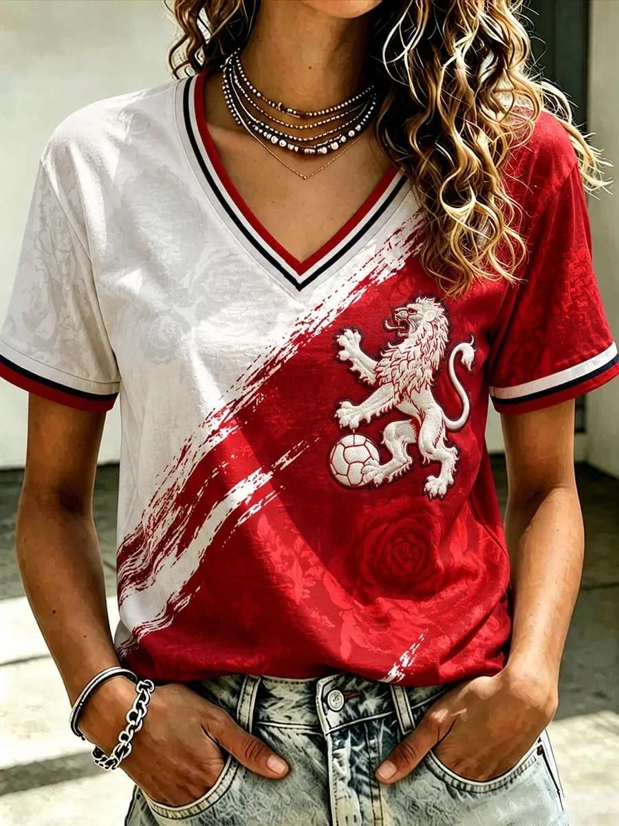 Women V Neck England Football T-Shirt Print Short Sleeve Jersey Ladies National Soccer Fan Matchday Casual Tops Tees Colthing