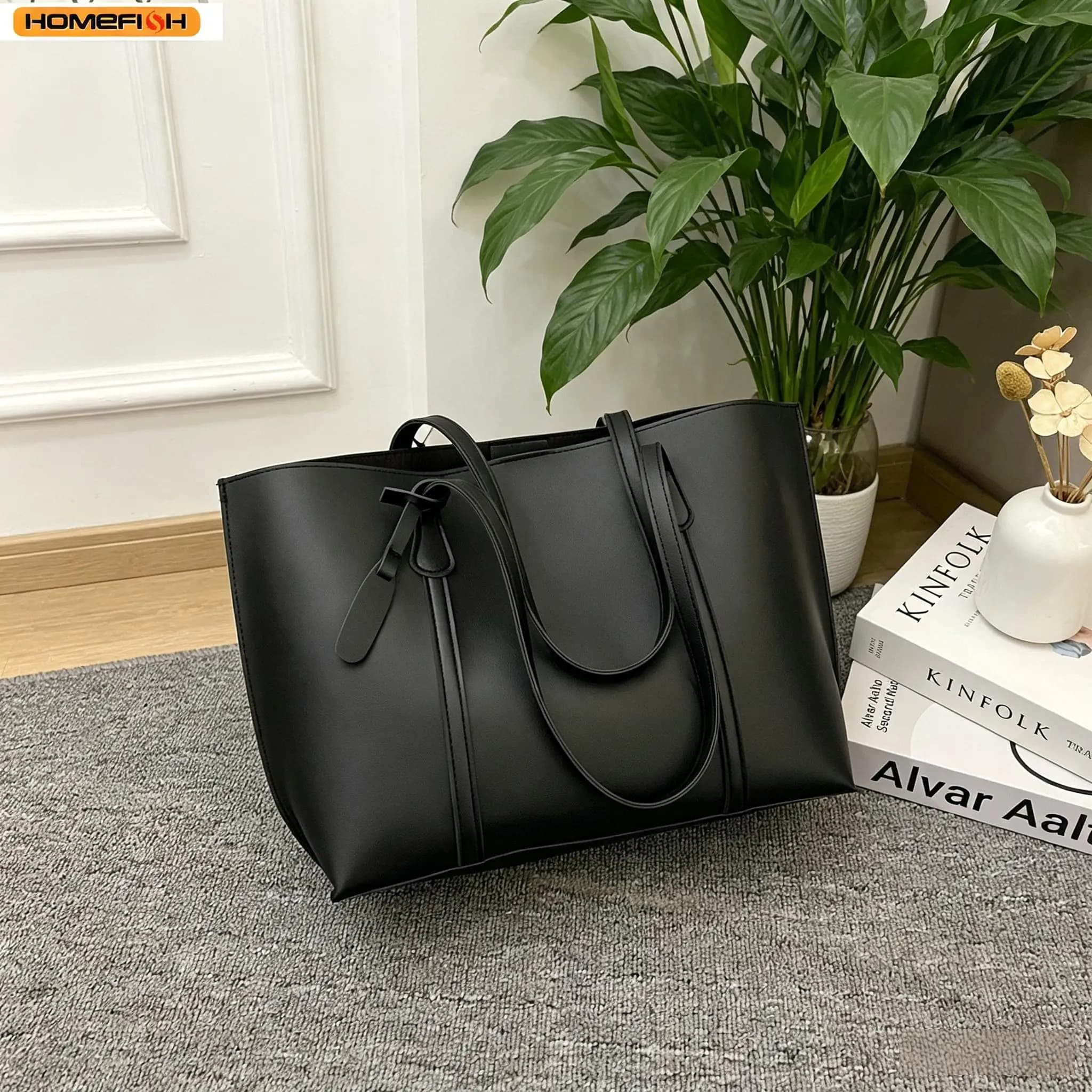 Homefish Soft Leather Tote Bag Women Large Capacity Korean Style Casual Versatile Shoulder Handbag