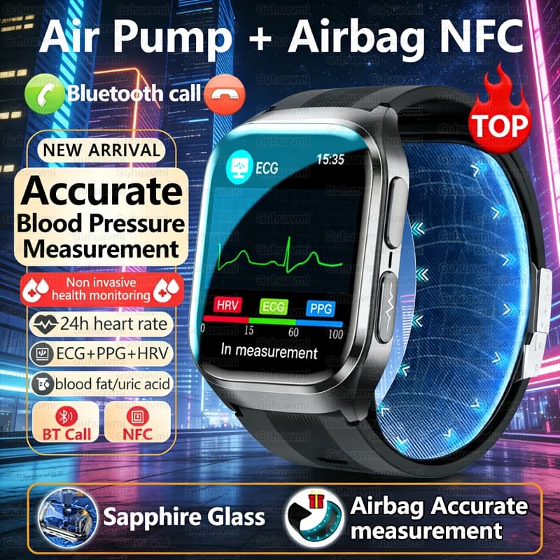 Smartwatch with air pump and airbag, ECG+PPG, non-invasive monitoring of blood pressure, uric acid, blood fat, NFC, Bluetooth calls, for Android and iOS