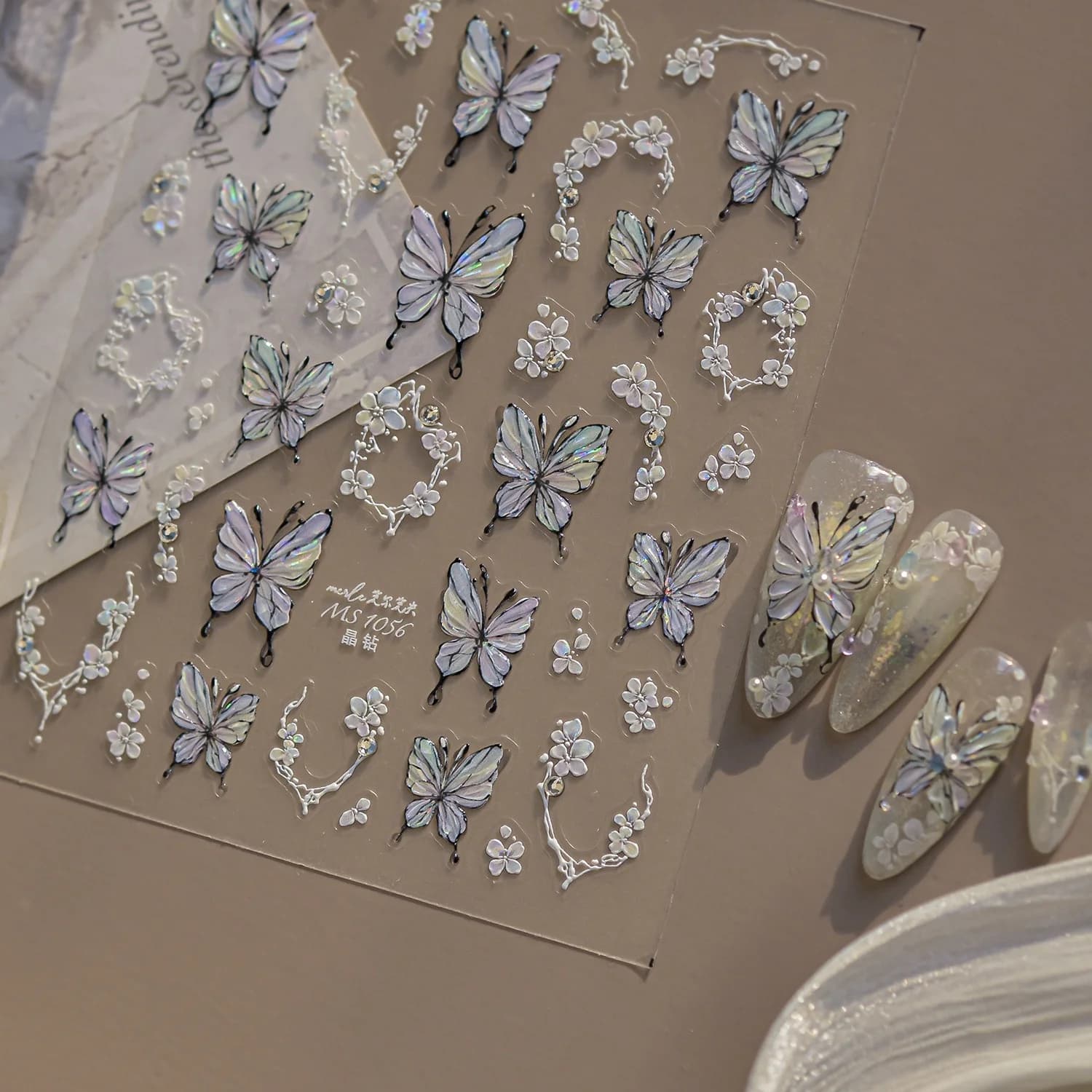 Blue Butterfly Ice Laser Blue Butterfly White Floral Vine Hollow Bloom Frame Banquet 5D Nail Art Stickers Self Adhesive Decals