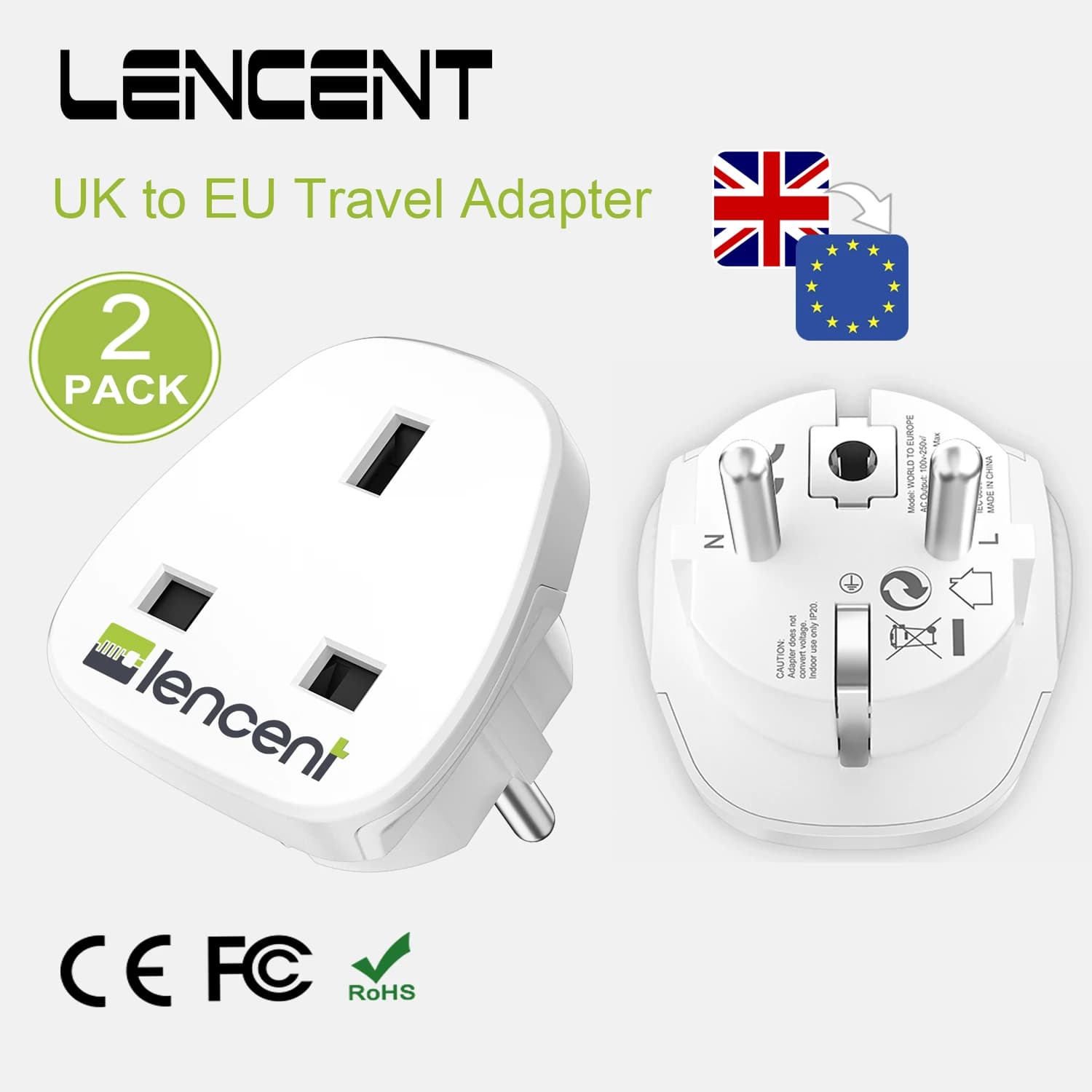 LENCENT 2 PCS UK to EU Europe Travel Adapter High Quality Euro Plug AC Power Charger Adapter Converter Socket for Travel /Home