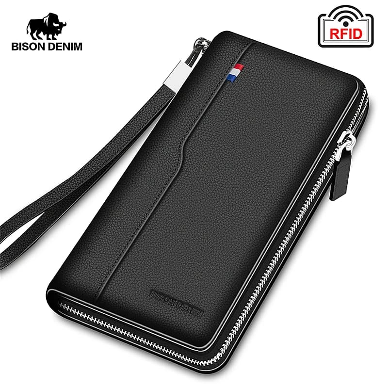BISON DENIM portafoglio da uomo in vera pelle RFID blocco portamonete portamonete porta passaporto per porta carte di credito da uomo W8226