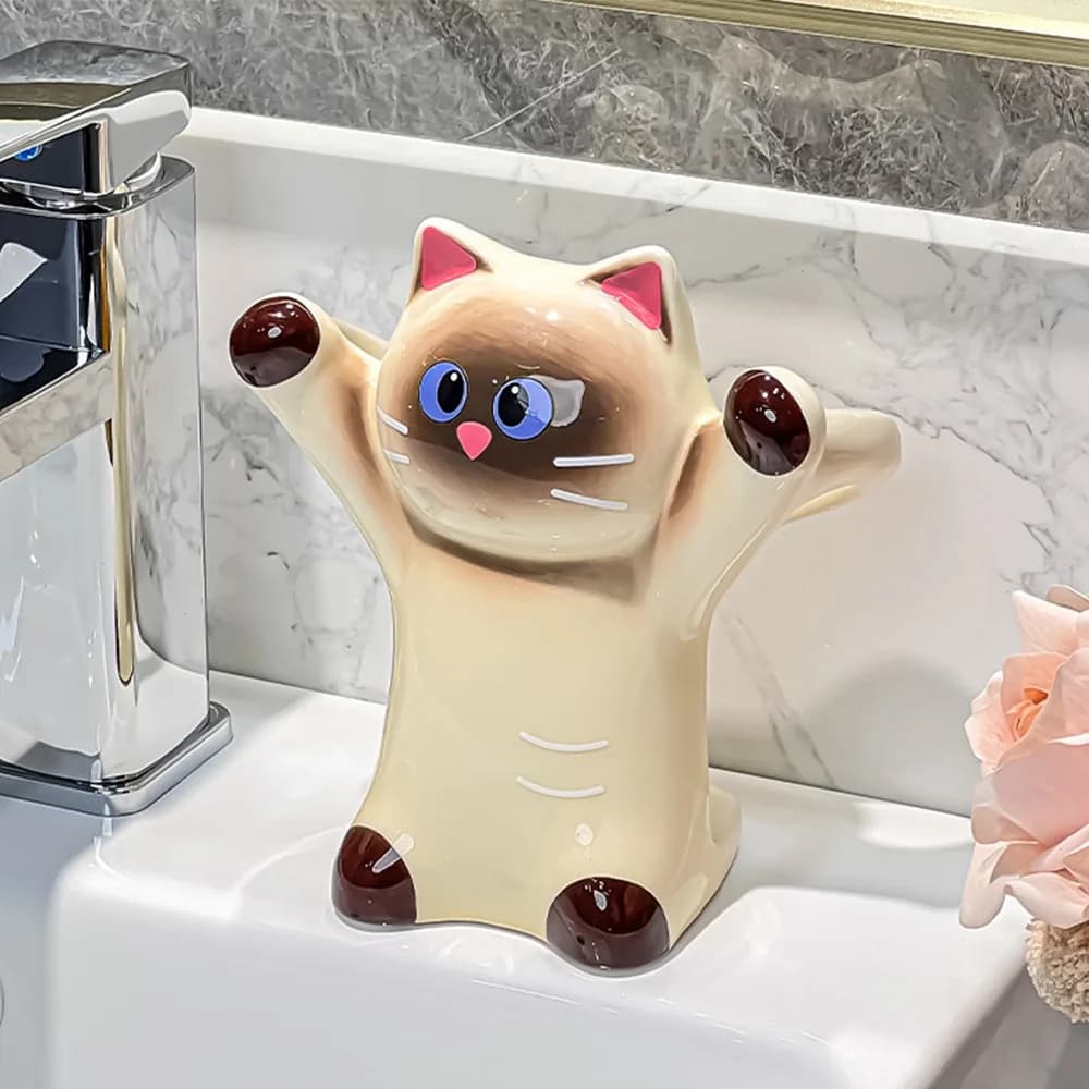 Ceramic Cat Toothbrush Holder Anti-Slip Base Aesthetic Electric Toothbrush Stand Whimsical Cartoon Animal Toiletries Organizer