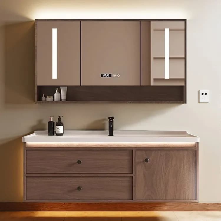 Mobiletto da bagno in noce con lavabo WC combinato con cassetti e lavabo integrato in ceramica con specchio intelligente