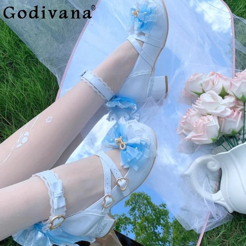 Scarpe dolci stile matrimonio da donna Scarpe da principessa con tacco medio stile bambola Lolita Scarpe da donna con fiori splendidi artigianali pesanti