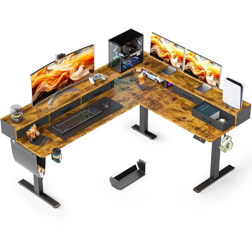 75 Inches Height Adjustable L Shaped Standing Desk with 5 Drawers and Monitor Shelf, Electric Sit to Stand Home Office Computer