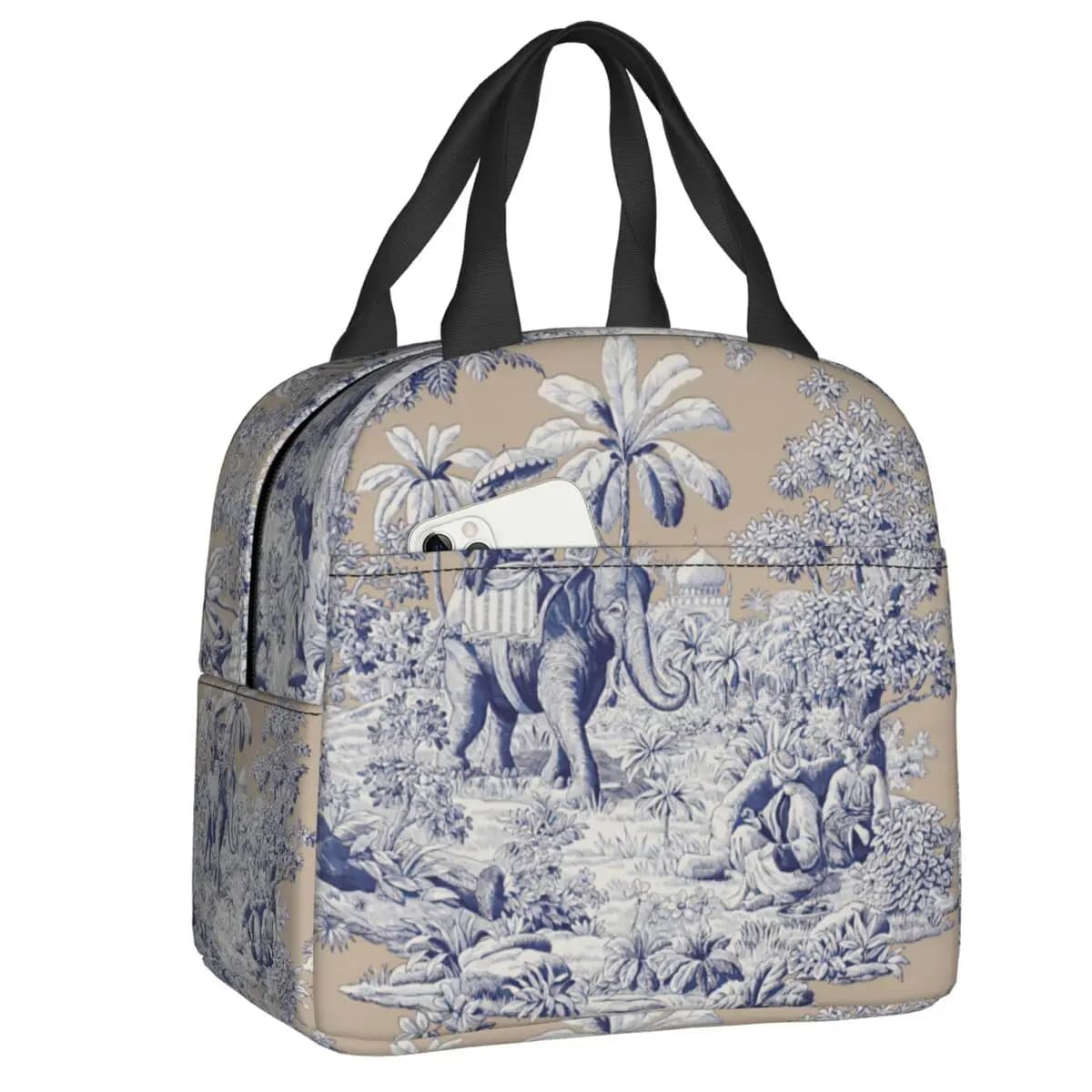 Custom Navy Blue Toile De Jouy Elephant Motif Insulated Lunch Bag for Work School Cooler Thermal Bento Box Women Children