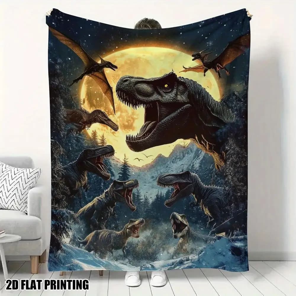 Dinosaurs and Nighttime Forest Patterns Flannel printed blanket suitable for all seasons for living room office sofa and travel