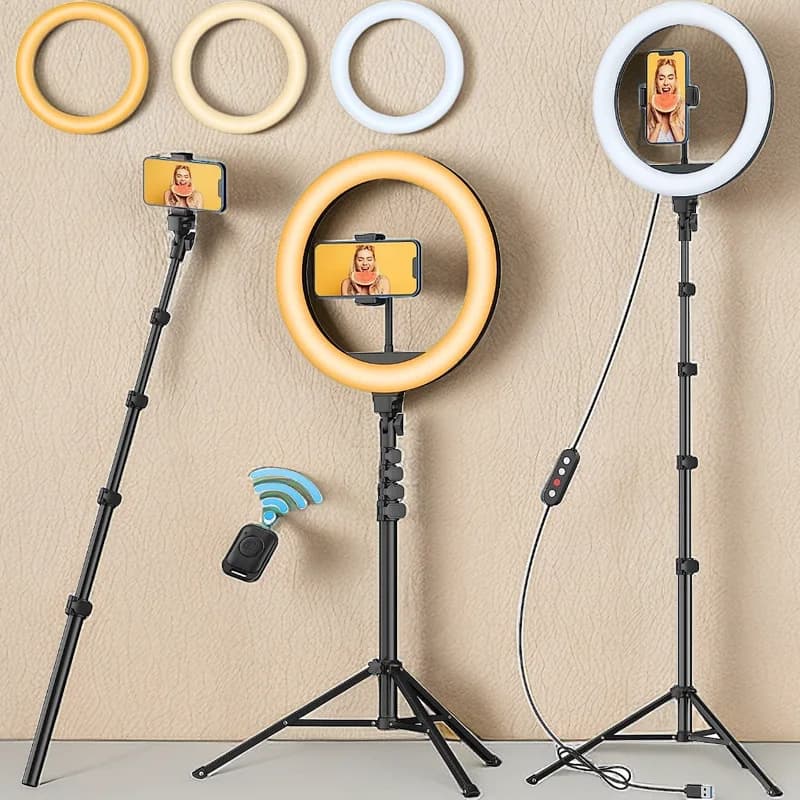 Luce ad anello per selfie da 12 ''con supporto per treppiede regolabile e supporto per telefono per Live streaming/trucco, luce ad anello a LED dimmerabile per Tiktok/Zoom