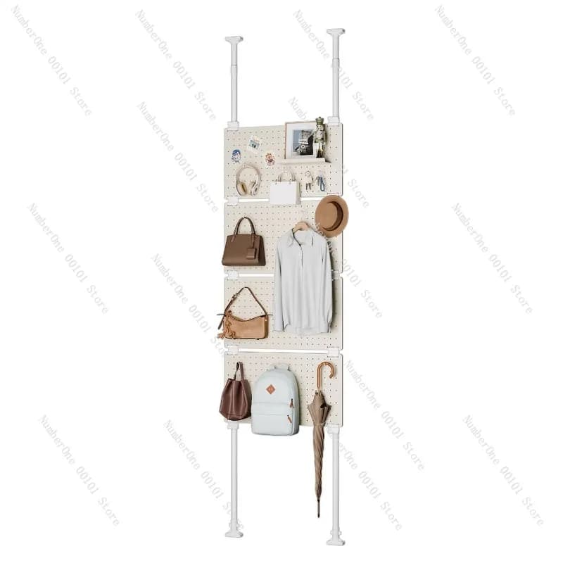 Scaffale da Parete Multilivello con Pannello Forato, Organizzatore Appendiabiti e Cappelli, Sistema di Stoccaggio per Ingresso