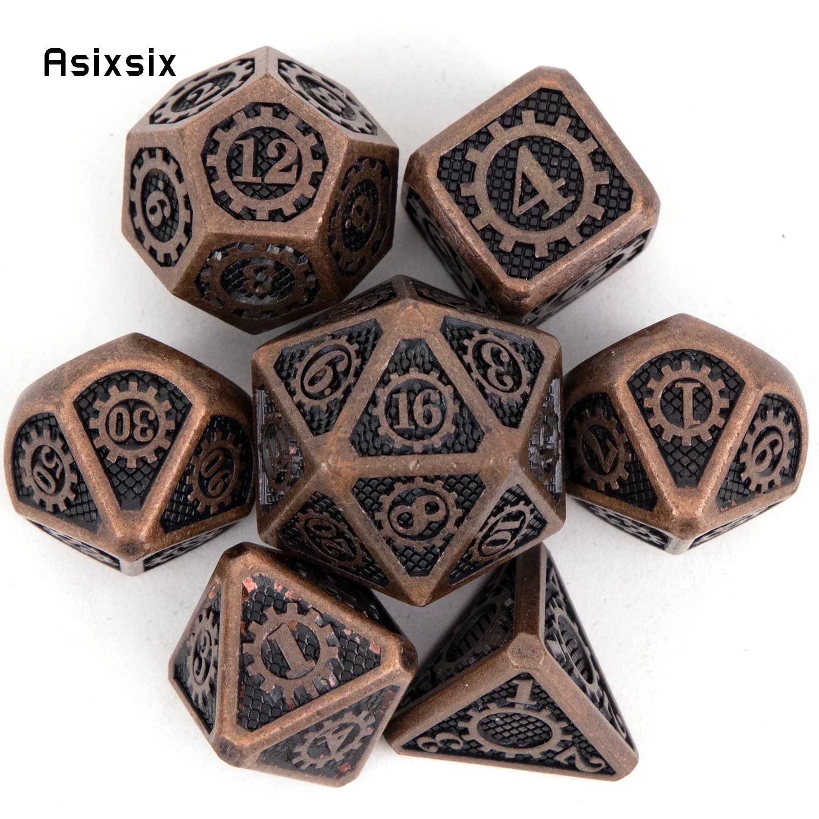 Set di 7 Dadi in Metallo con Ingranaggi in Rame, Perfetti per Giochi di Carte, Giochi da Tavolo, Critical Role, RPG, D&D