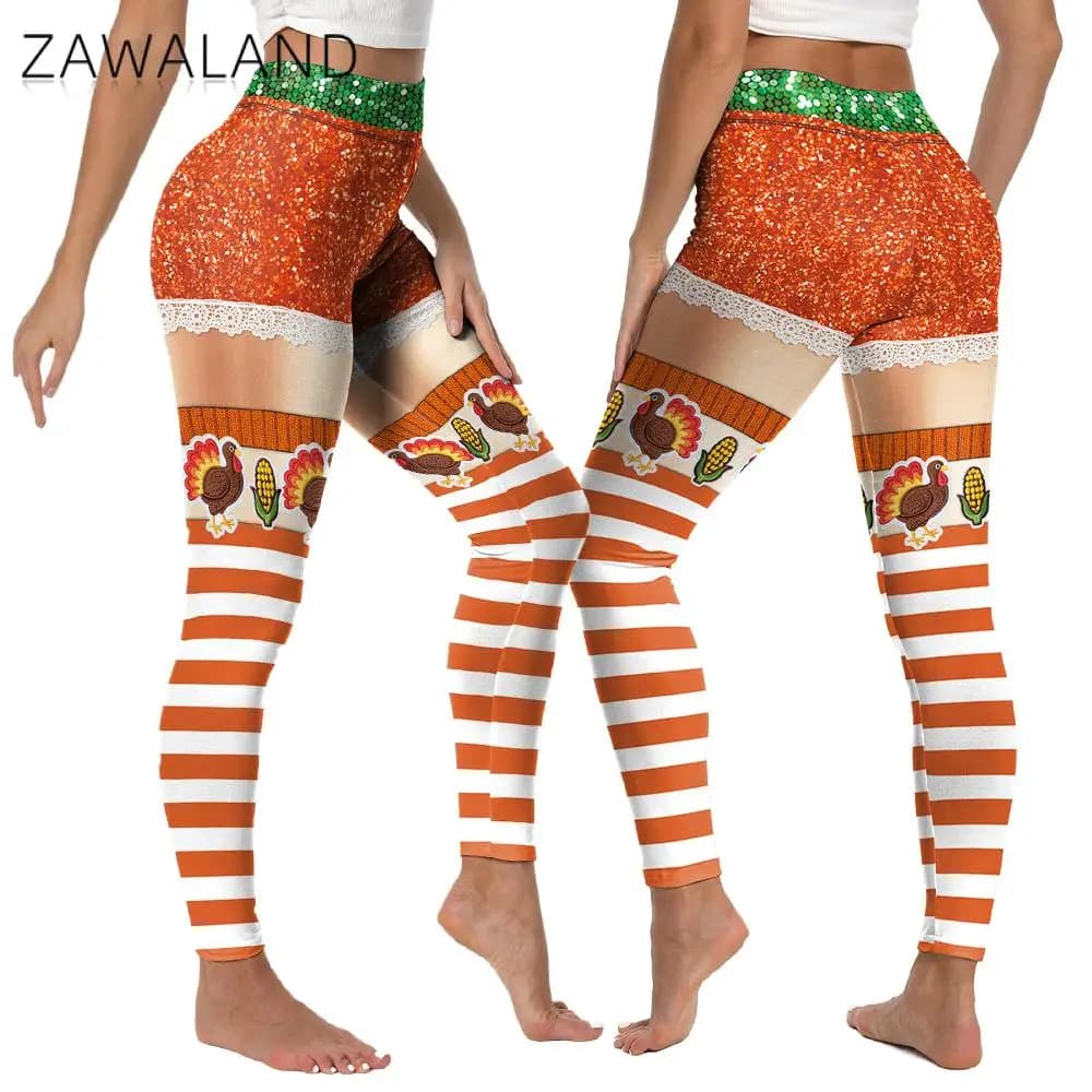 Zawaland Leggings for Women's Thanksgiving Sequins Orange Stripes White Stripes Trousers with Turkey Corn Print Thanks sexy tights Gifts