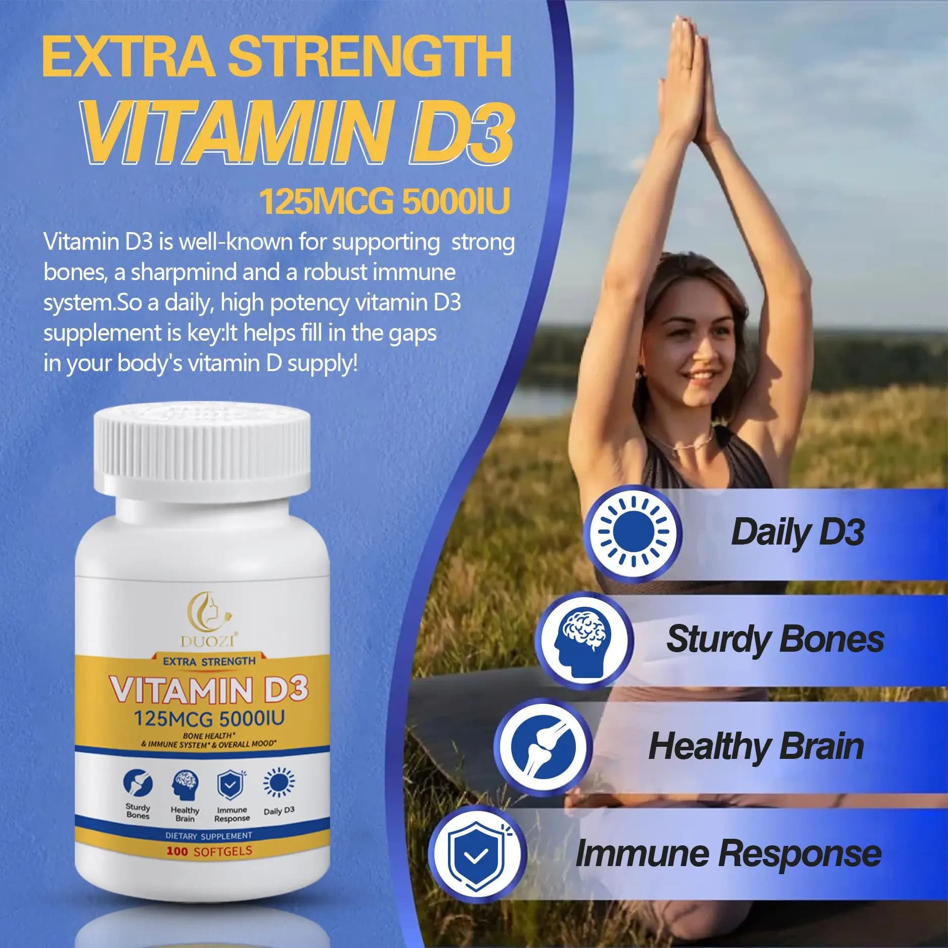 Soft vitamin D3 capsules promote bone health, cell growth, improve body balance and additional nutrition