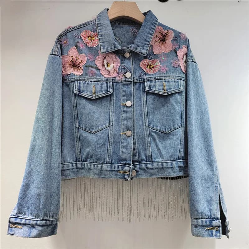 Vintage Flower Embroidery Chain Tassel Blue Denim Jacket Spring Women Short Cowboy Outerwear Loose Casual Female Jeans Jacket