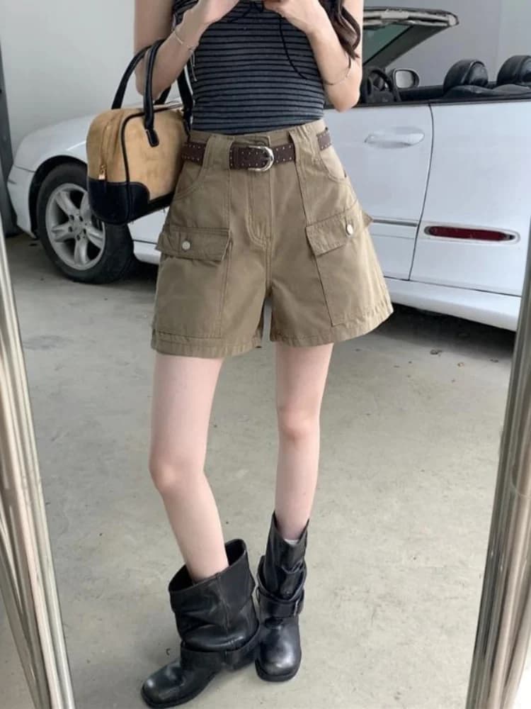 Khaki Workwear Short Pants Women Summer Thin New Large Size Beautiful American Wide Leg Casual Trousers High Waist Jeans