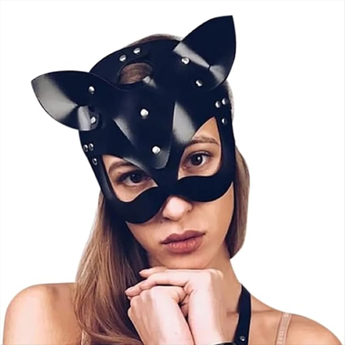 A71Z Women's Cat Mask Half Face Cat Mask Cat Ear Mask Leather Cosplay Costume Accessories, Red