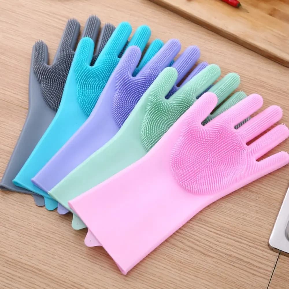 Guanti per la pulizia dei piatti in silicone Addensare guanti per la pulizia della cucina in tinta unita Spazzola per la pulizia multifunzionale antiscivolo