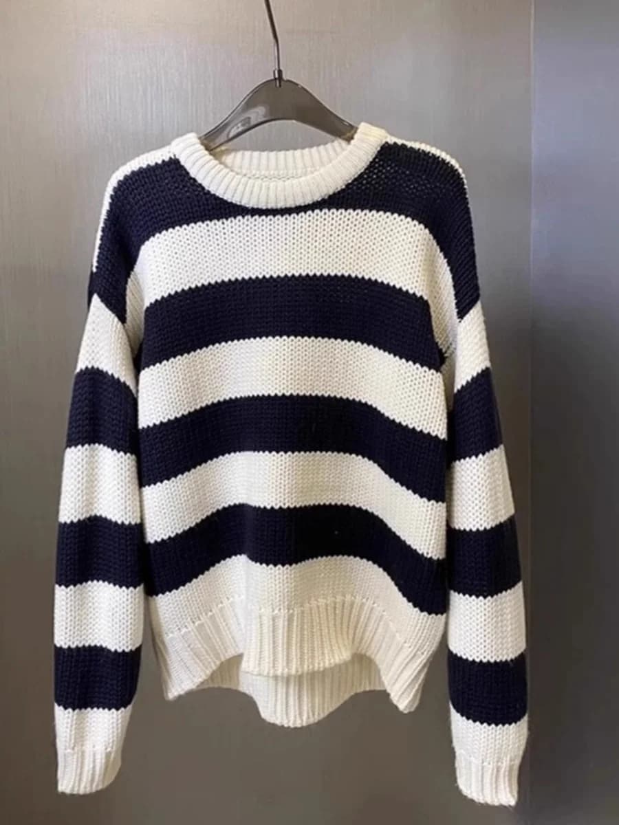 Maglione da donna a righe unico ed elegante, lavorato a maglia, stile rilassato, a maglia grossa, alla moda, caldo per l'inverno, a maniche lunghe