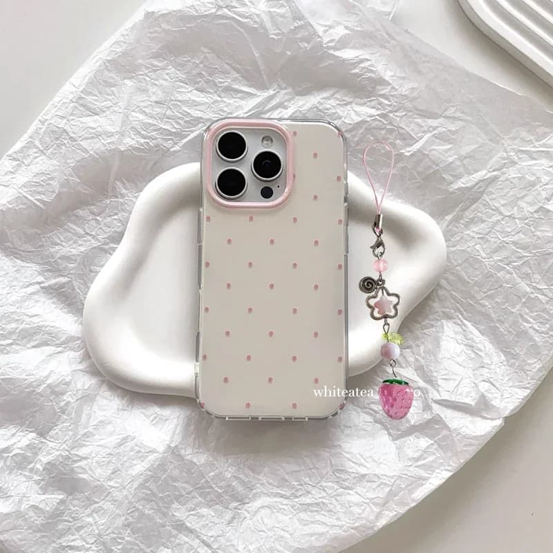 Korean Ins Minimalist Cute Cream White Pink Polka Dots Phone Case For iPhone 17 16 15 14 13 12 11 Pro MAX Plus 17air 16e Cover