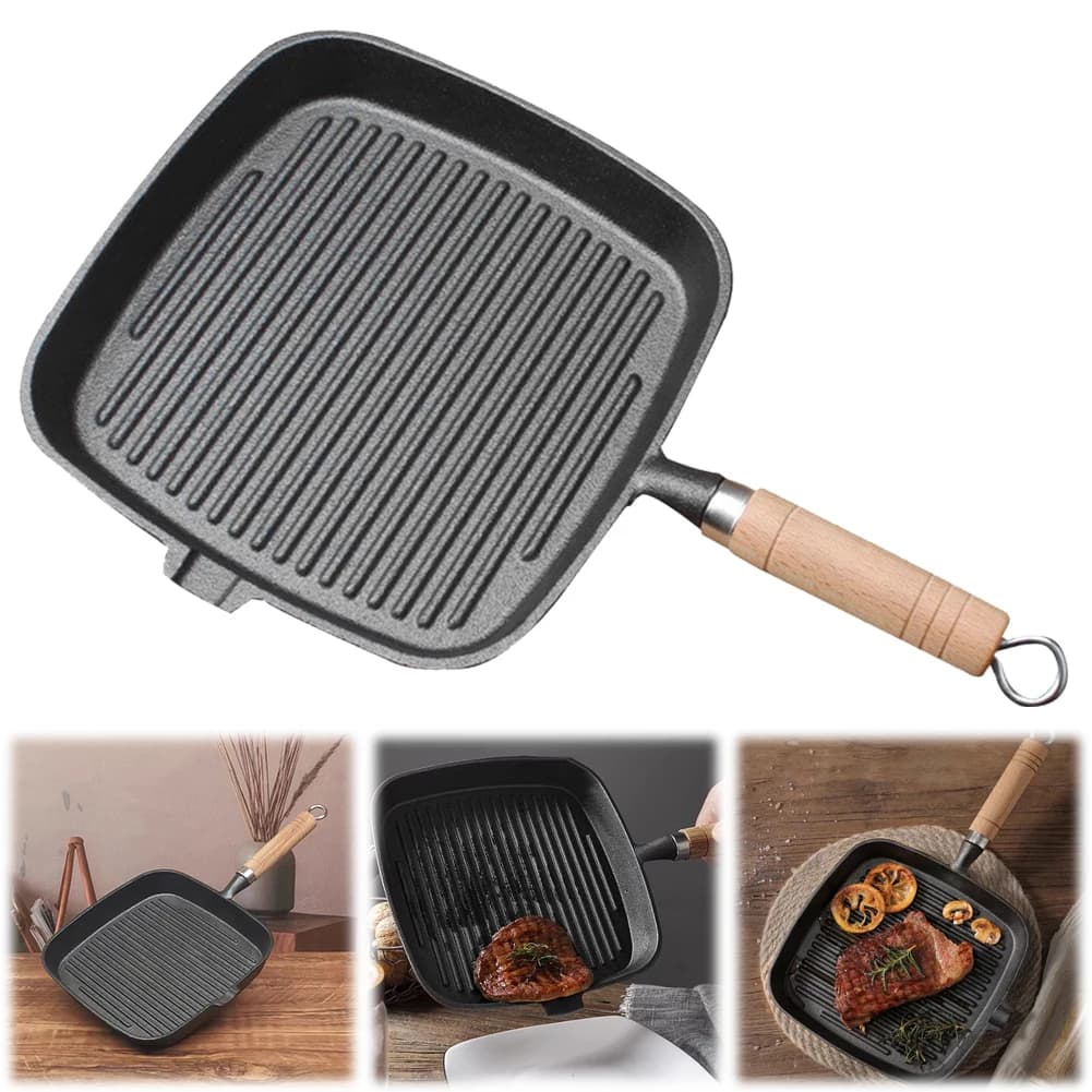 Ghisa pan for Steaks with Handle in Wood, Non-coated Anti-adhesive Pot, Steak Frying Board, Internal and Exterior Use, for Camping