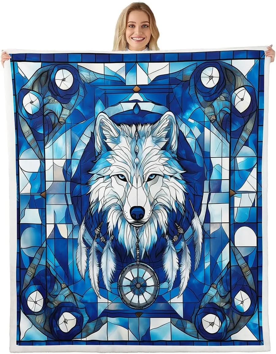 Dreamcatcher Feather Wild Animal Rustic Hunting Bed Blanket for Boys Girls,Indian Geometric Grids Patchwork Fleece Blanket,Boho