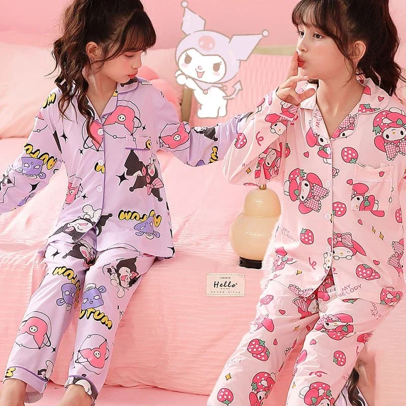 Nuovo Pigiama per Bambini Kuromi Sanrio Primavera Autunno Nuovo Cotone Kawaii Cardigan per Bambina Abbigliamento da Casa Set Maniche Lunghe e Pantaloni