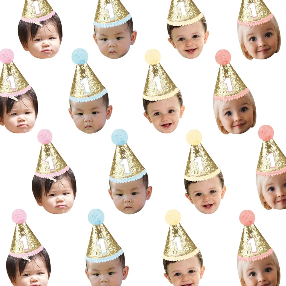 20/40/60 pz Personalizzato Festa di Compleanno Viso Foto Adesivo glitter Compleanno Cappello Design Etichetta di Tenuta Regalo Decor capretto 1st compleanno arredamento