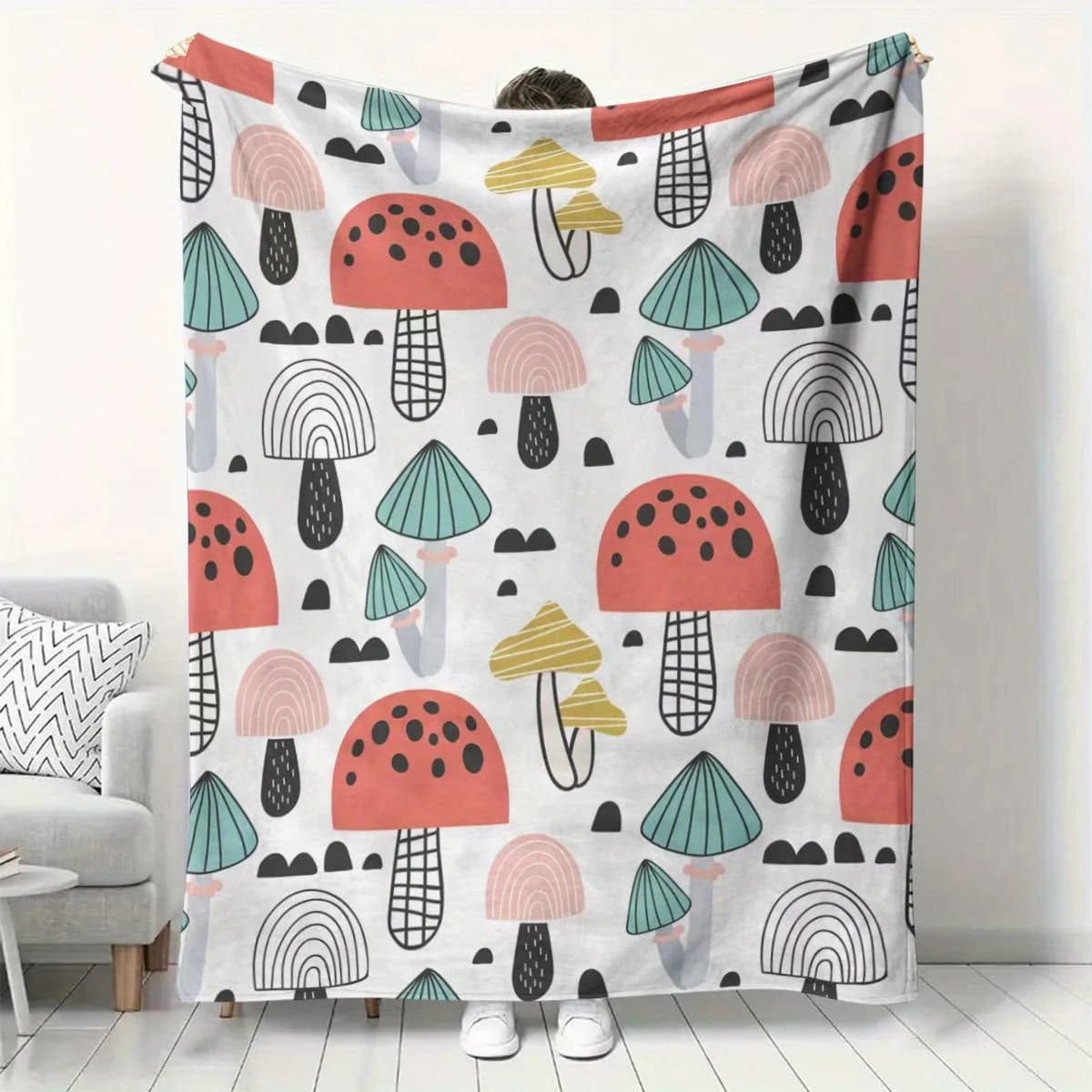 Accogliente coperta in flanella a forma di fungo: morbida coperta lavorata a maglia per divano/letto/viaggio, arredamento luminoso con motivo a funghi
