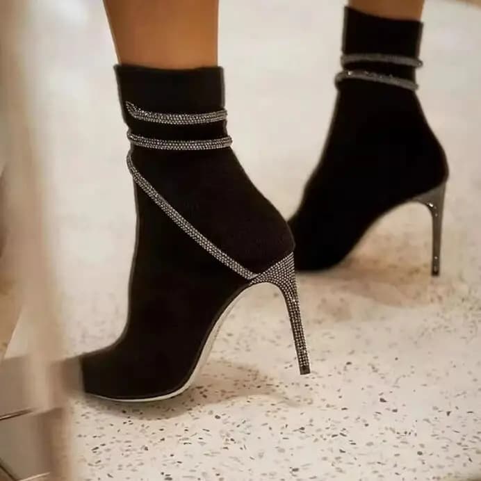 Glitter Snake -Like Strap Twined Ankle Boots High Heels Stretch Suede Slip On Sock Boots Women Street Outfit Elastic Boots