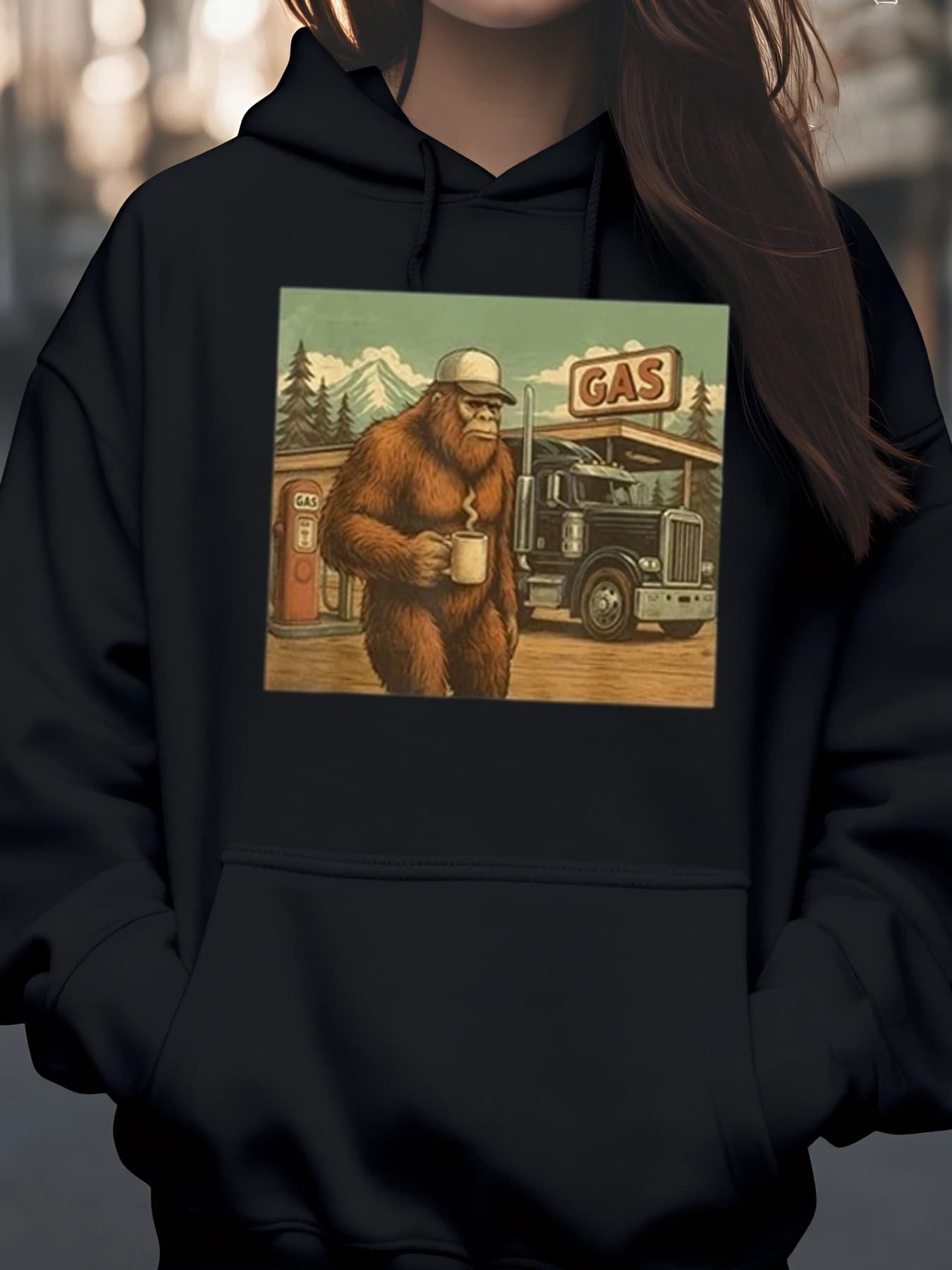 Felpa con cappuccio con stampa stazione di servizio Bigfoot Abbigliamento casual di Halloween Abito unisex
