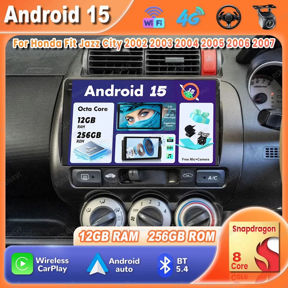 Autoradio Android 15 Per Honda Fit Jazz City 2002 2003 2004 2005 2006 2007 DVD GPS 4G LTE Multimedia QLED Wireless Carplay Auto