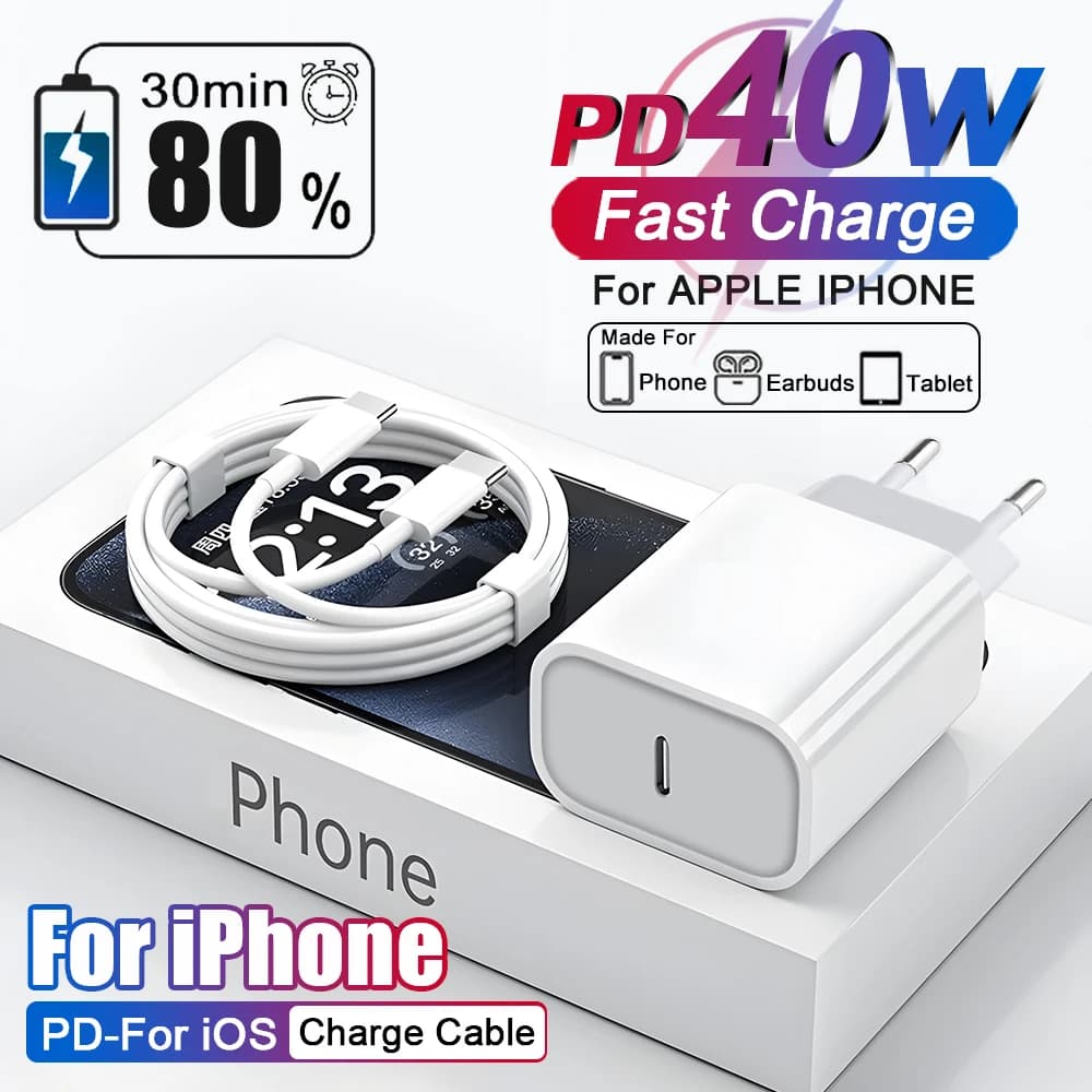US adapter EU PD 40W Fast charger for Apple iPhone 15 13 12 11 14 17 16 Pro Max Type C Charging cable Charging accessories for phones