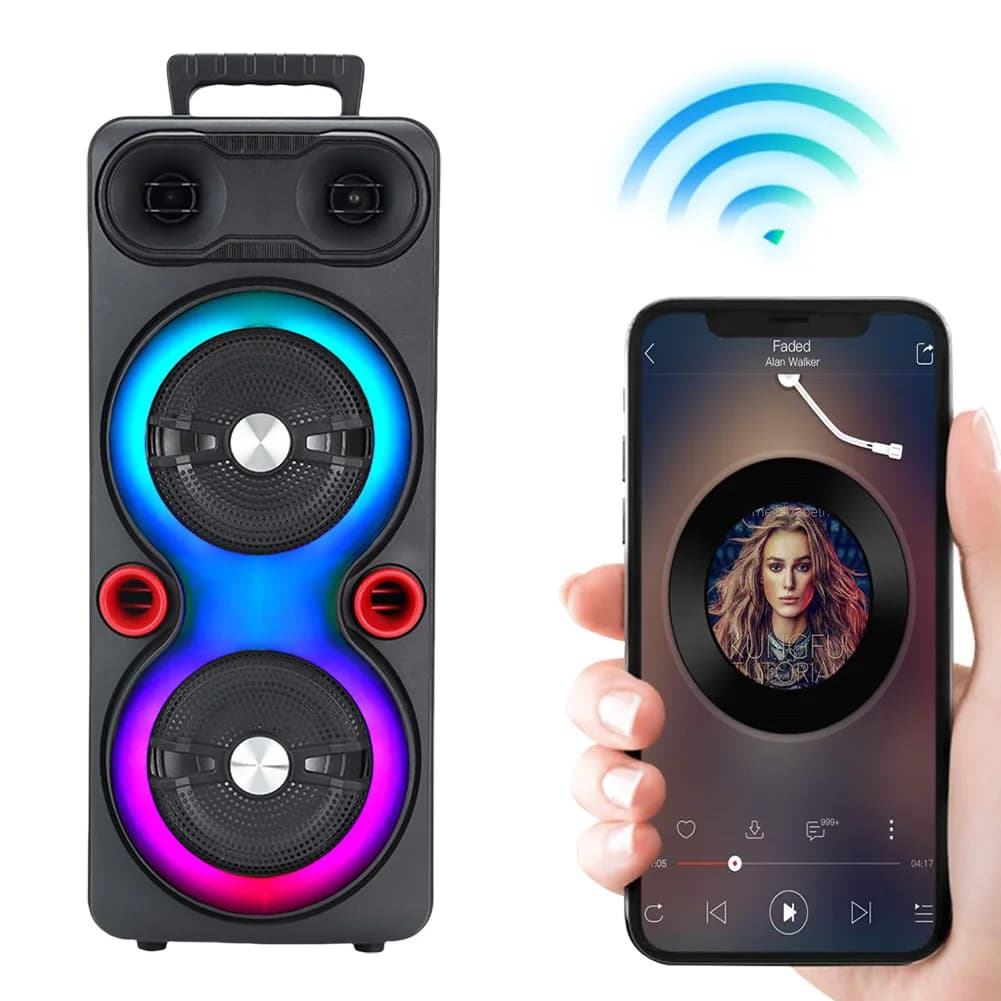 Dual Subwoofer Speakers BT 5.0 6.5 Inch Stereo Subwoofer Outdoor Portable Speaker with Mic FM Radio LED AUX Karaoke Machine