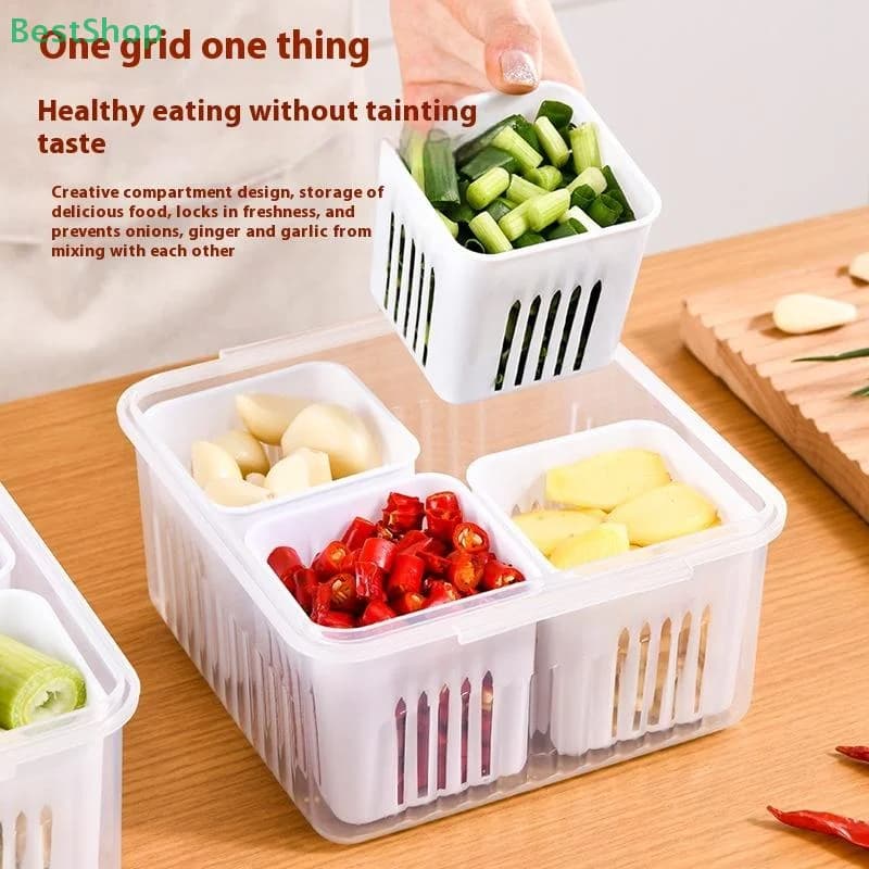 Scatola portaoggetti per frigorifero Scatola portaoggetti per frutta e verdura a 4 griglie Organizzatore per frigorifero Cestello di scarico Carne Cipolla Zenzero Trasparente frutta e verdura
