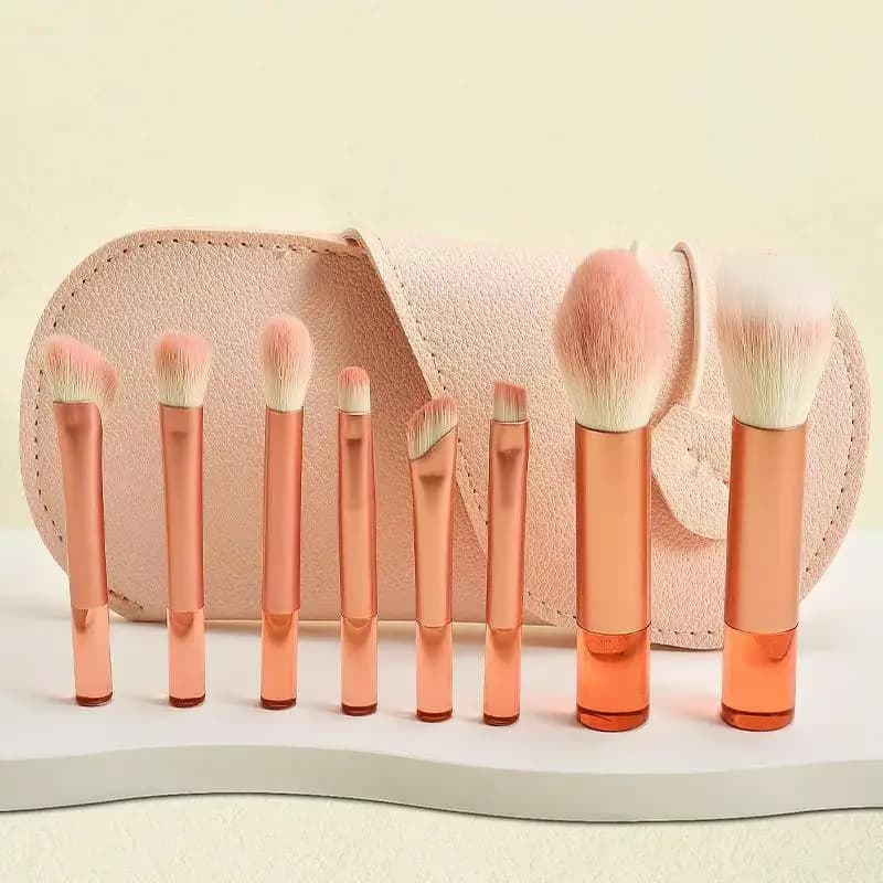 8 pieces of orange mini portable travel makeup brushes - powder brushes, eyeshadow brushes, and highlighter brushes
